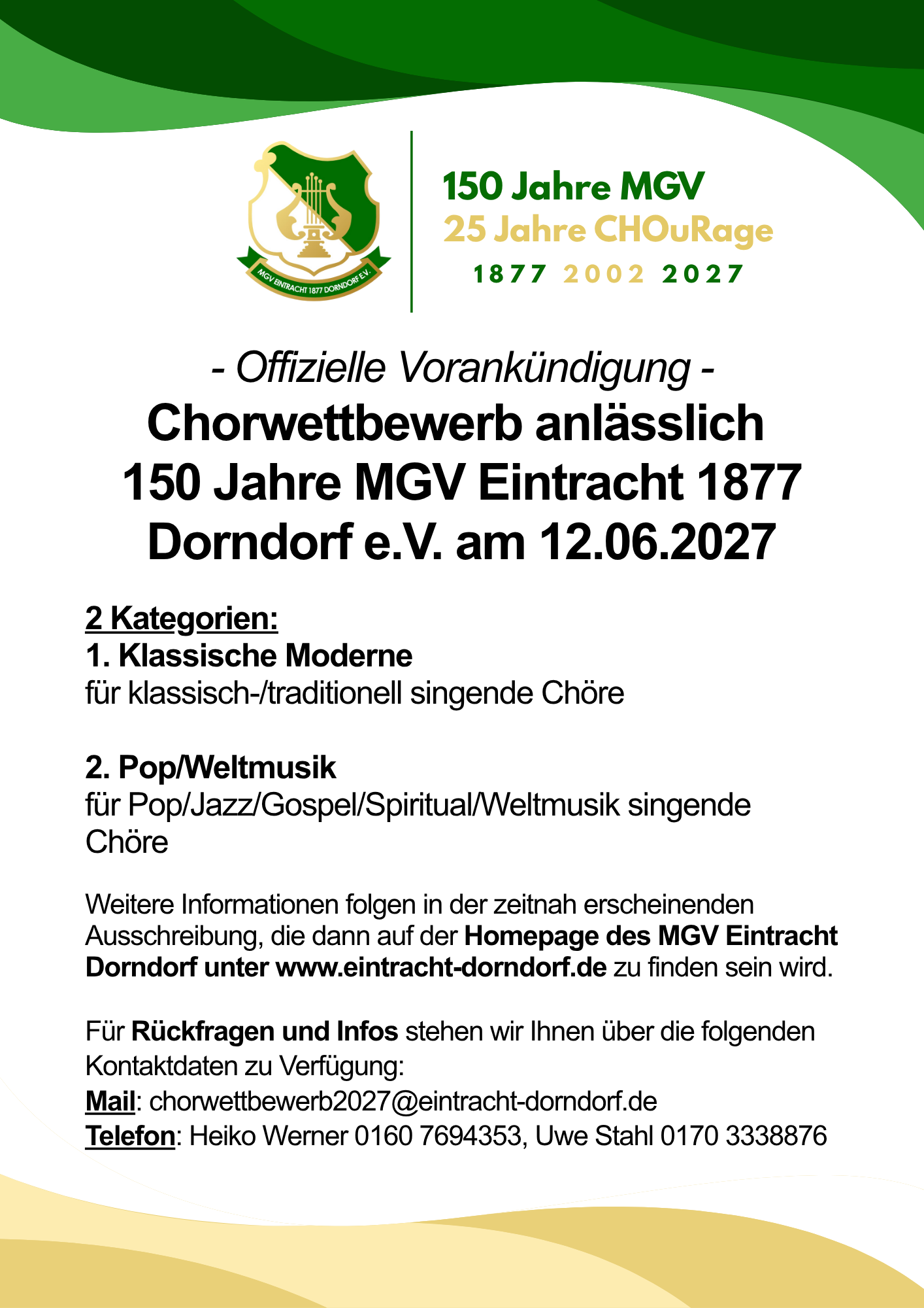 Vorankündigung: 150 Jahre MGV – Chorwettbewerb in Dorndorf am 12.06.2027