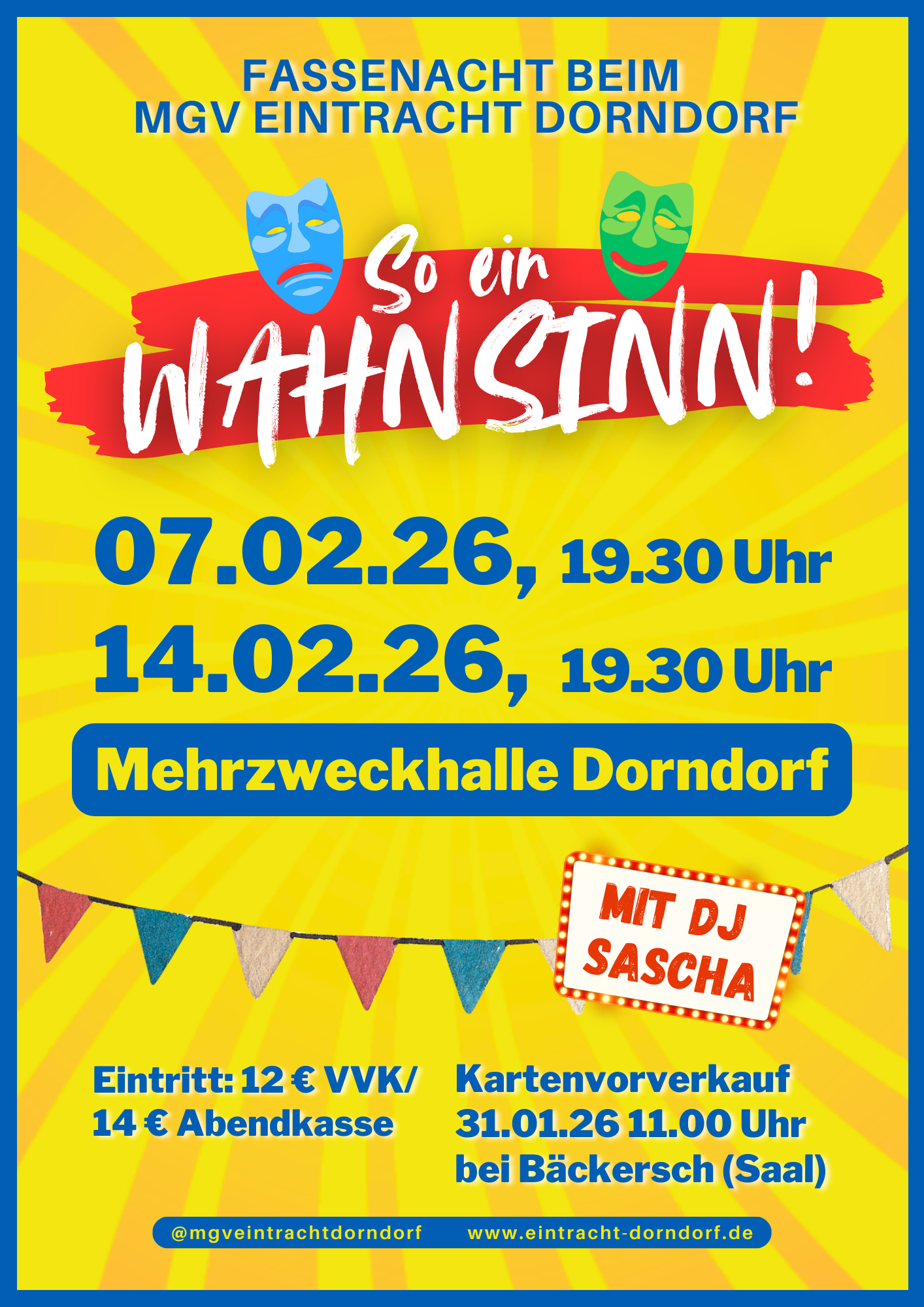 💚🎭 SO EIN WAHNSINN! – FASTNACHT BEIM MGV EINTRACHT DORNDORF AM 07.02. & 14.02.2026 🎭💙